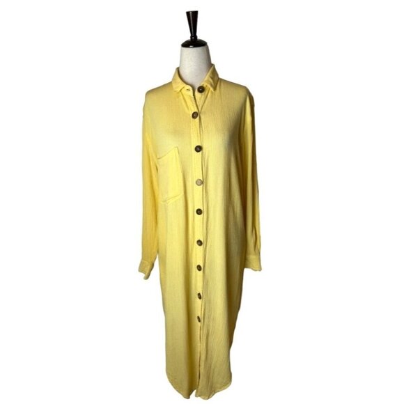 Jens Pirate Booty‎ Dress Women Large Yellow Sunshine Crinkle Ipanema Shirt Midi - Picture 2 of 10